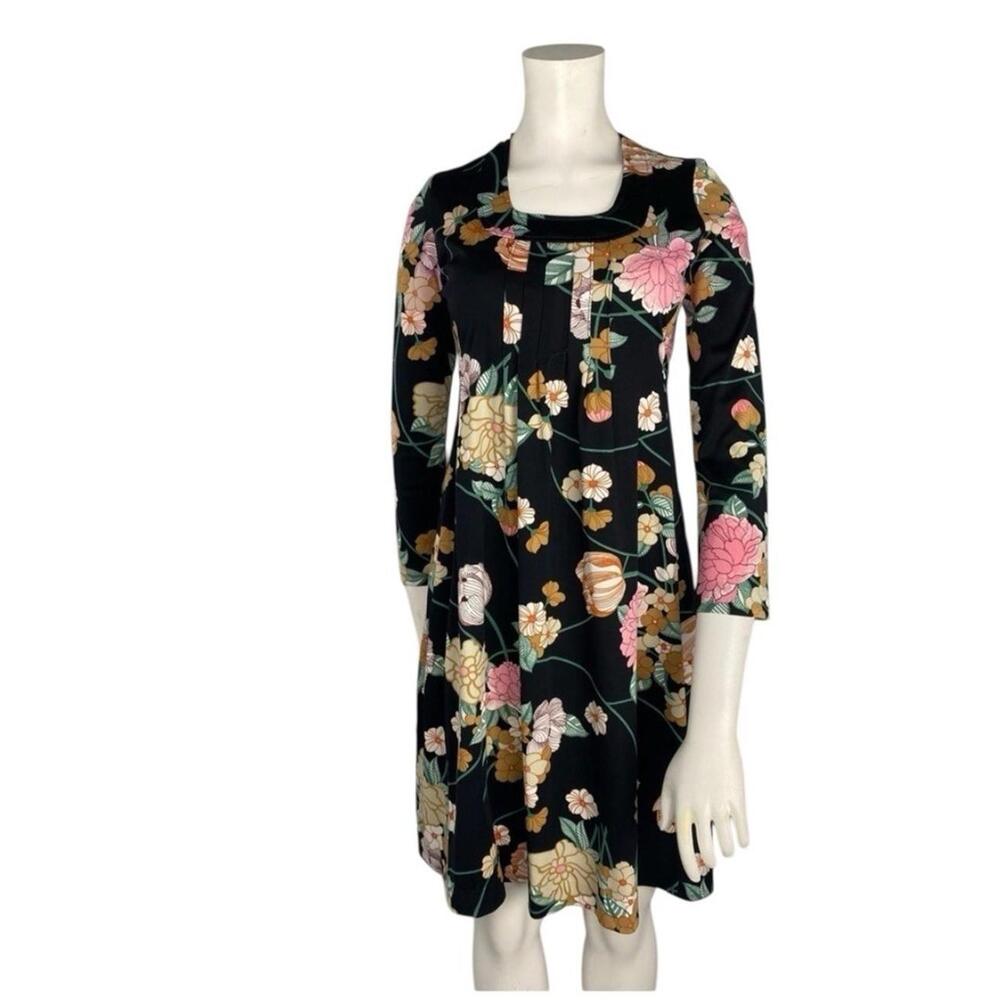 Vintage 1990s Black Floral Dress Long Sleeve Cottagecore Romantic Midi